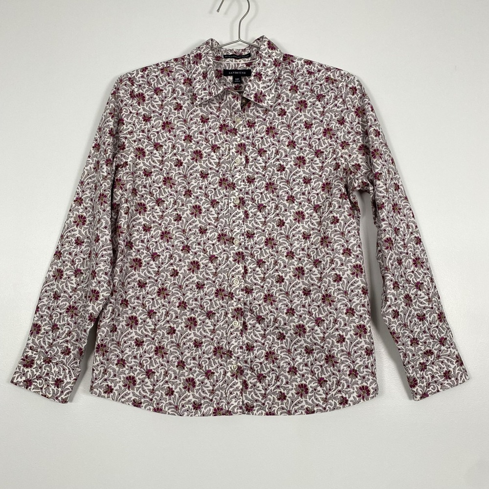 Lands' End Shirt Womens 12P Petite White Floral Long Sleeve No Iron Cotton Offic